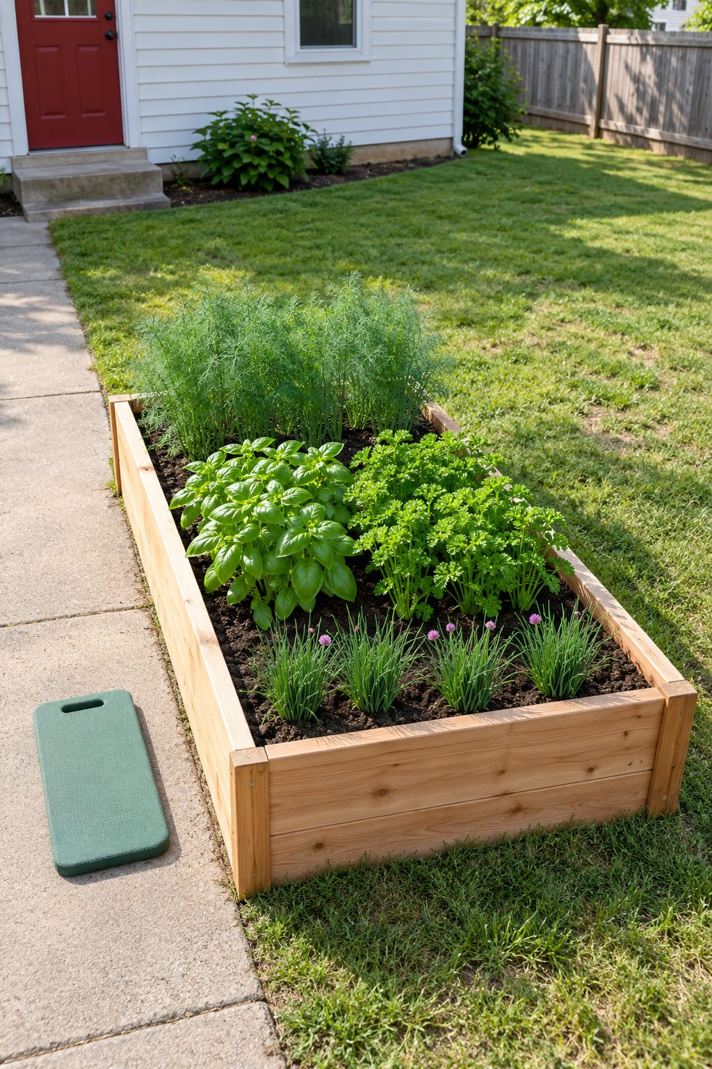 Raised herb garden by the kitchen door, a small cedar raised bed of dill, basil, parsley and chives beside the back walk of a ranch house