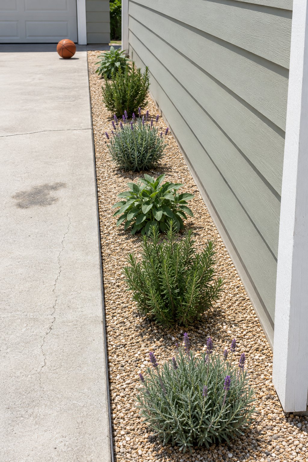 Herb garden design for a driveway strip, lavender, rosemary and sage planted in a line in pea gravel beside a garage wall