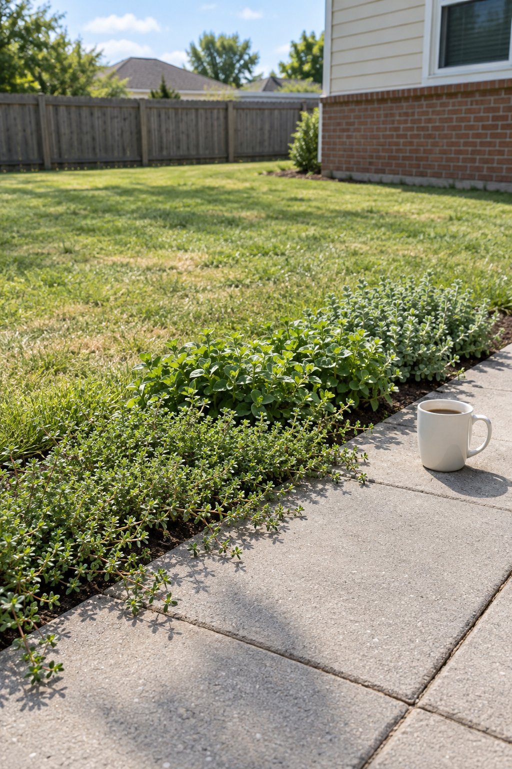 Herb garden layout along a patio, a low border of thyme, oregano and marjoram edging concrete pavers in a small backyard