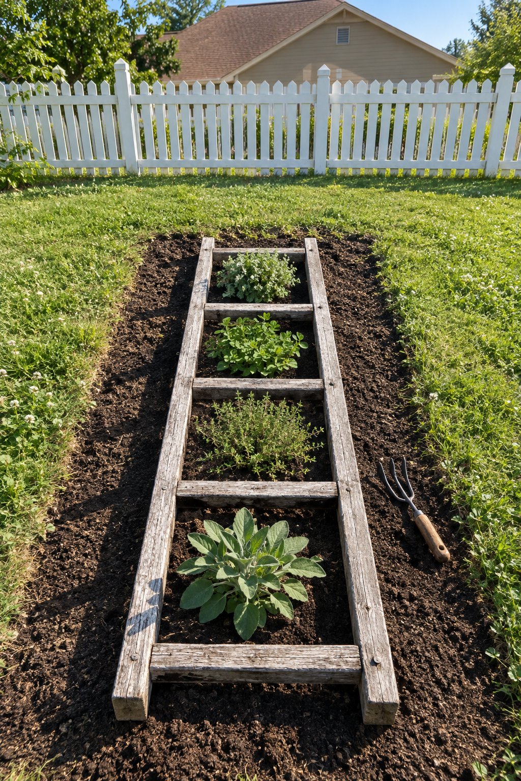 Herb garden layout with an old ladder laid flat on the soil, sage, thyme, oregano and marjoram planted between the rungs in a small yard