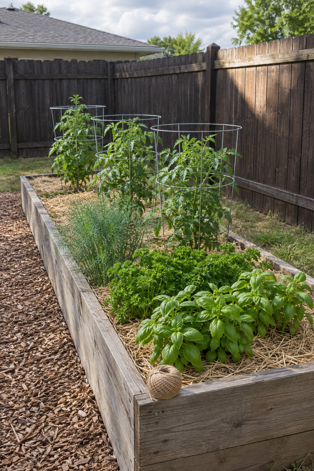Herb garden ideas for a small yard, basil, dill and parsley planted at the end of a raised vegetable bed beside a mulch path