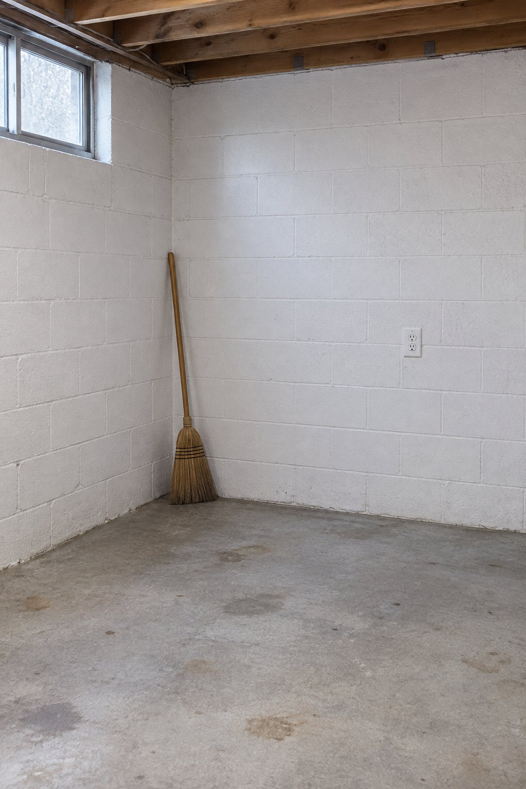 Indoor seed starting setup before the build, an empty corner of an ordinary basement with a concrete floor and a grounded wall outlet