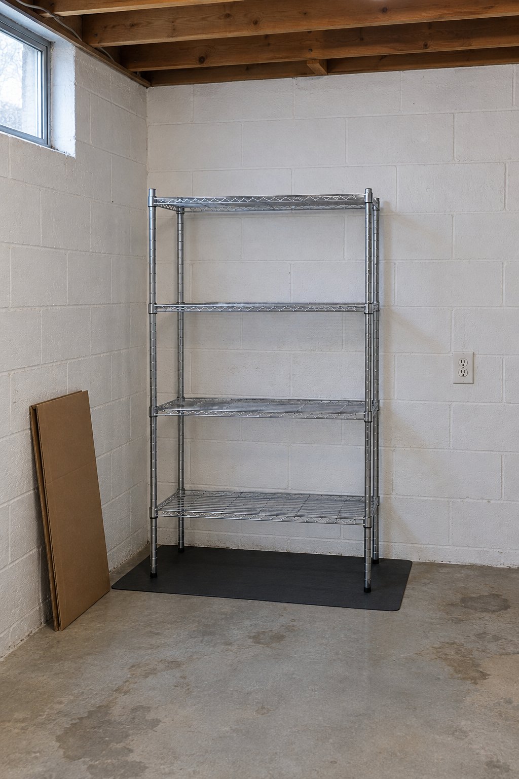 Seed starting setup with a plain wire shelf unit standing on a waterproof mat in a basement corner, shelves still empty