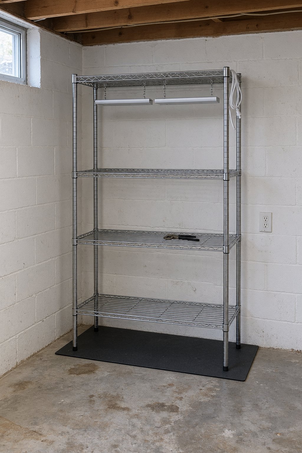 Grow lights for seed starting, a shop-style light hanging on two adjustable chains under a wire shelf in a basement, the shelf below still empty