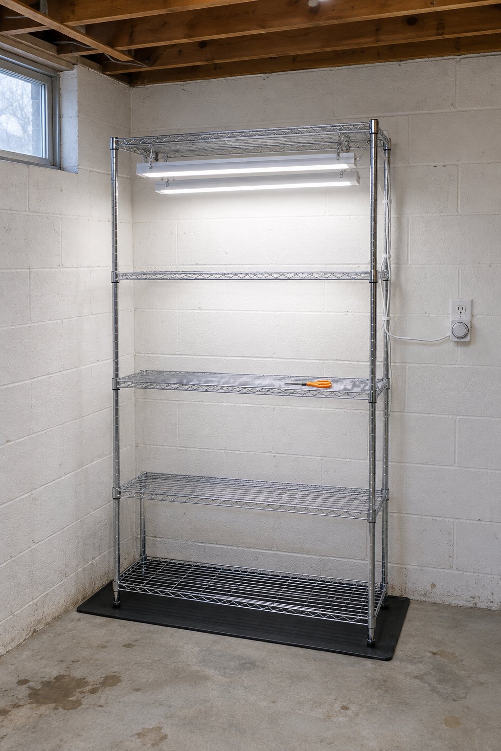 Indoor seed starting lights plugged into a timer at a grounded wall outlet, cords fastened up along the shelf frame and off the basement floor