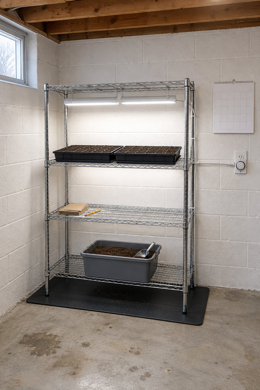 DIY seed starting tray being filled, black cell trays with drainage holes filled with seed starting mix and set inside solid bottom trays on a workbench