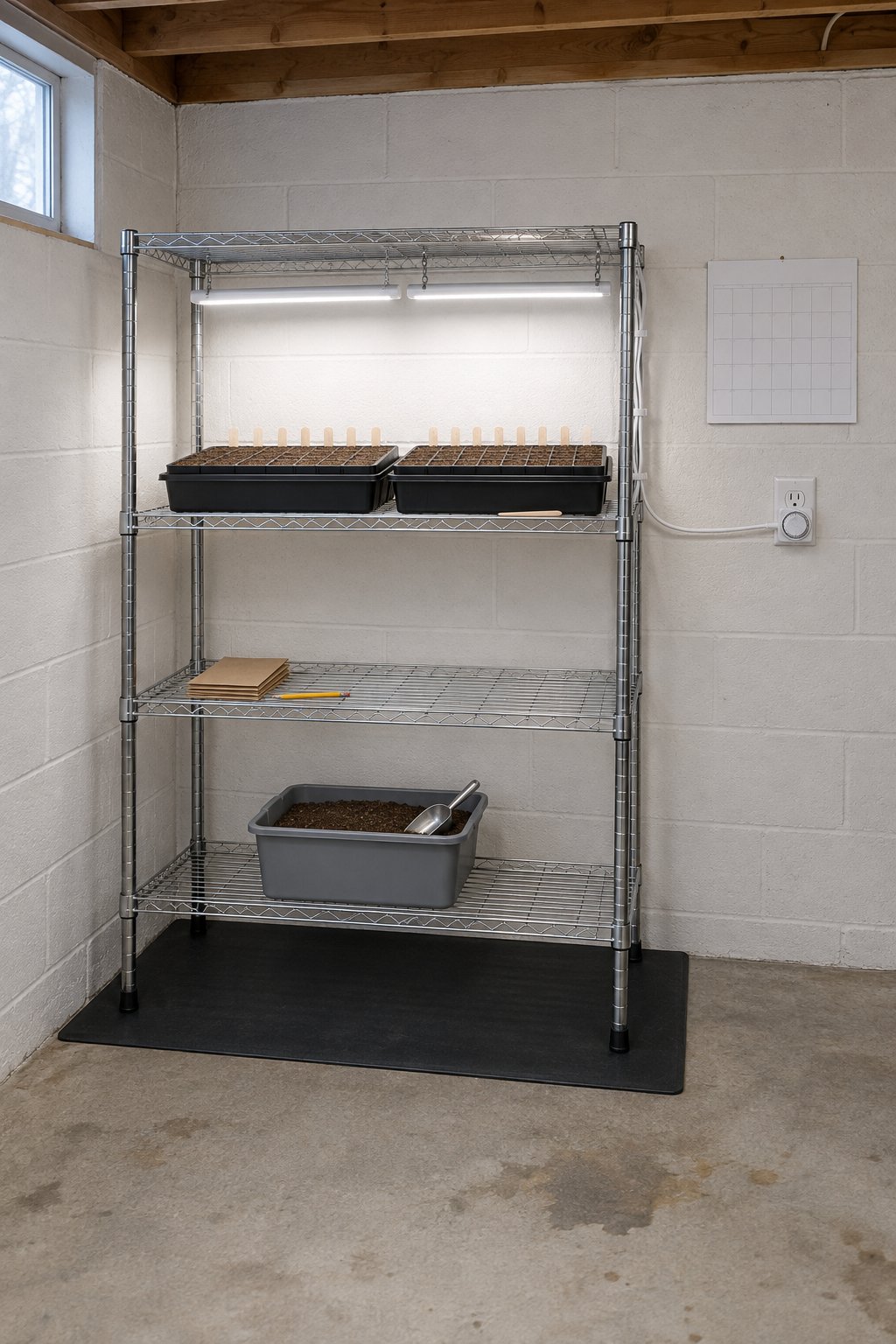 Seed starting indoors, sown cell trays on a wire shelf with blank wooden sticks marking the rows, under a hanging shop light