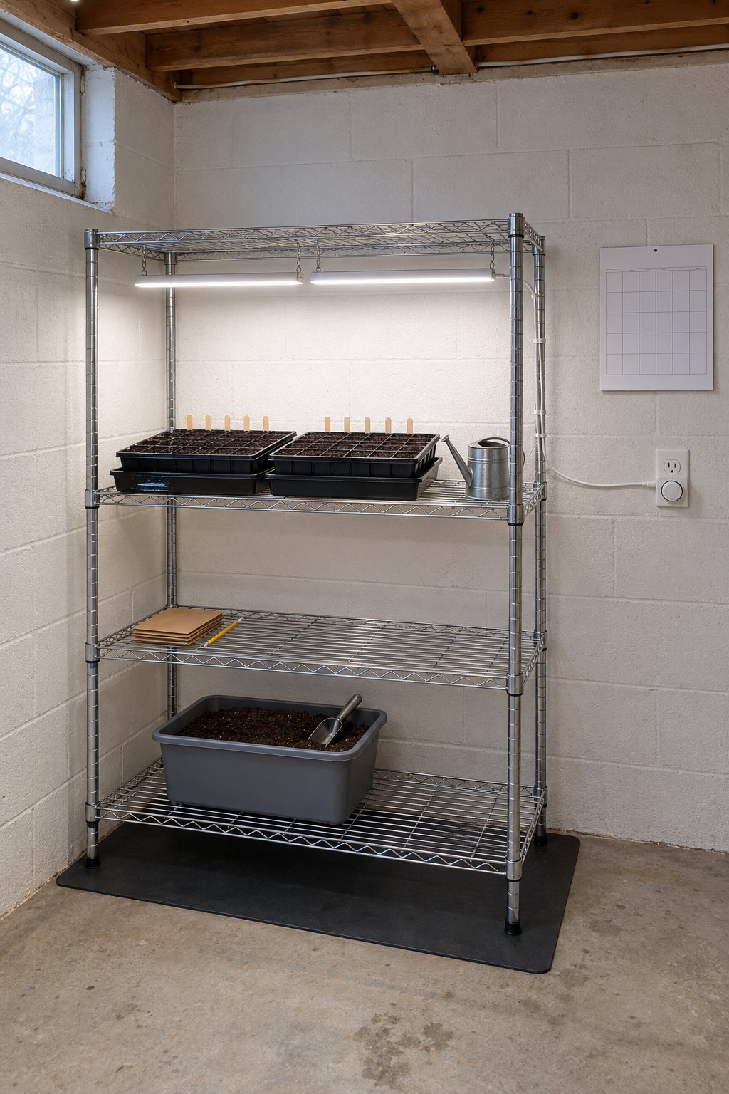 Indoor seed starting, a watering can beside seed trays with a little water in the solid bottom tray, mix darkened from watering below