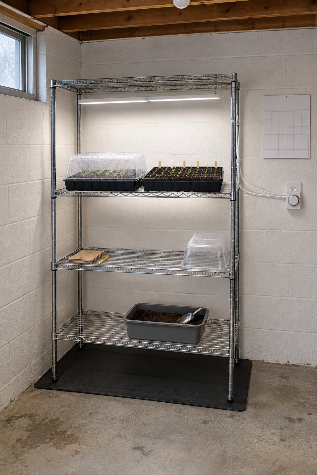 Seed starting setup with clear humidity domes over two seed trays on a wire shelf under shop lights, light condensation inside the domes