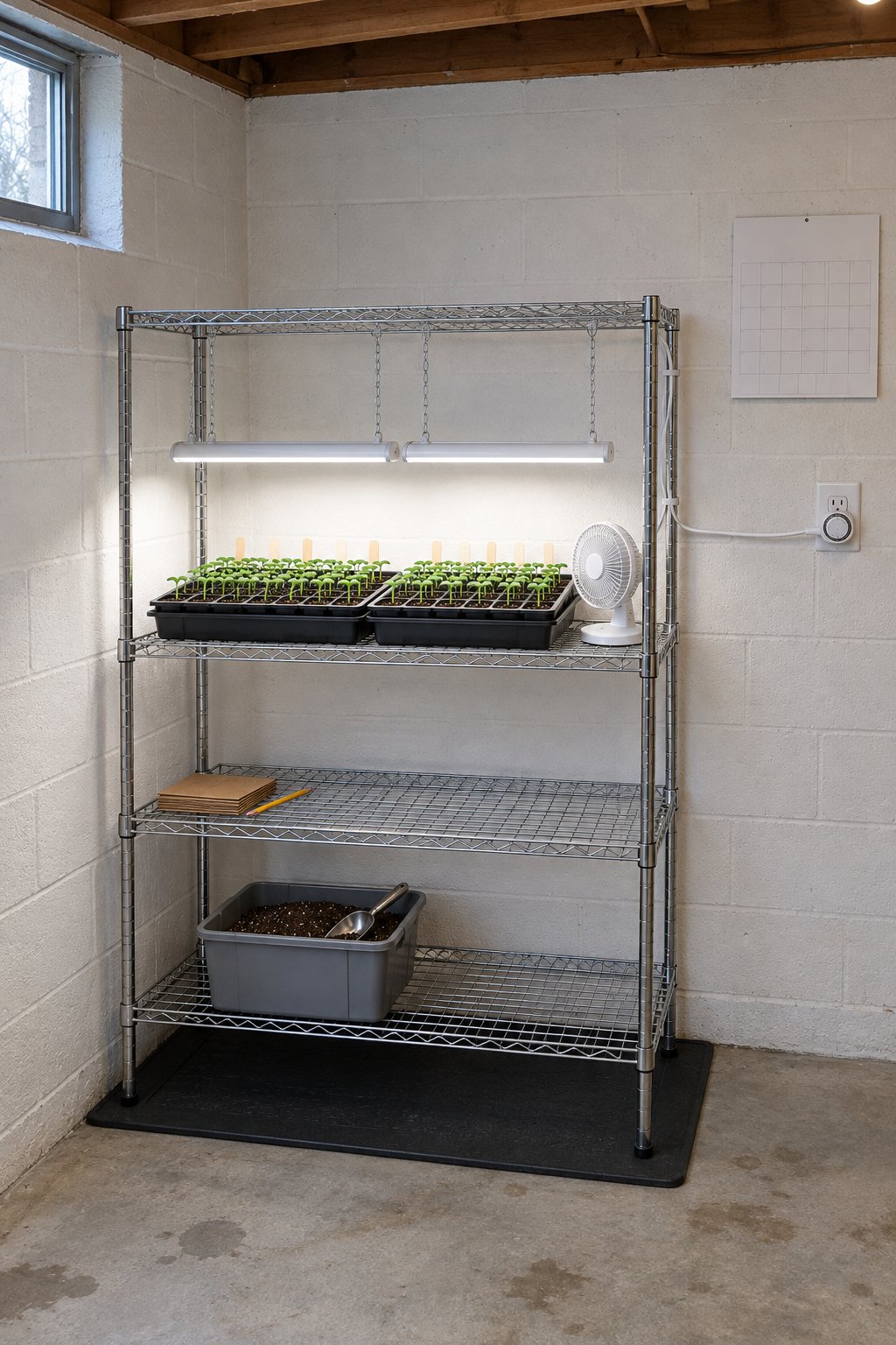 Indoor seed starting setup with shop lights lowered close above trays of small green seedlings and a small fan on the wire shelf