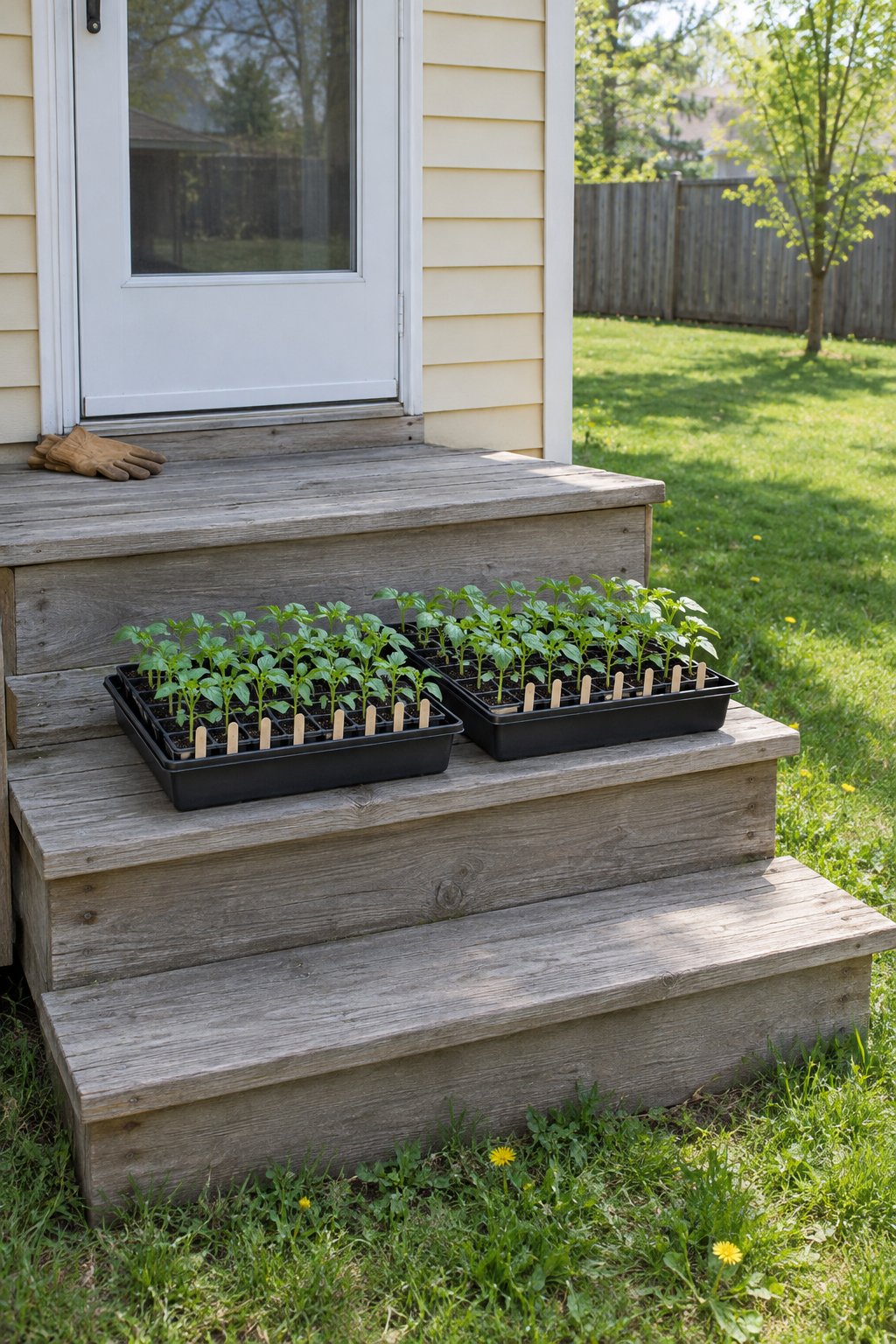 Hardening off seedlings started indoors, two trays of small green seedlings set out on a wooden porch step in daylight beside a back door
