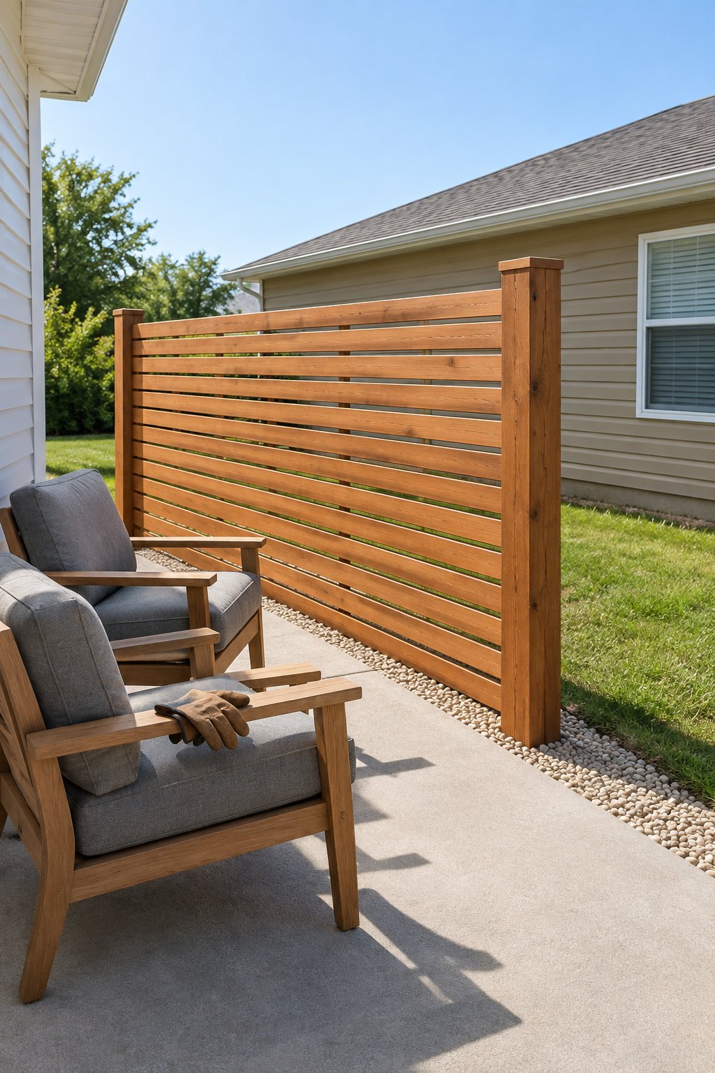 Patio privacy ideas, a horizontal cedar slat screen on two posts beside two patio chairs, hiding the neighbor's side yard and ground-floor window