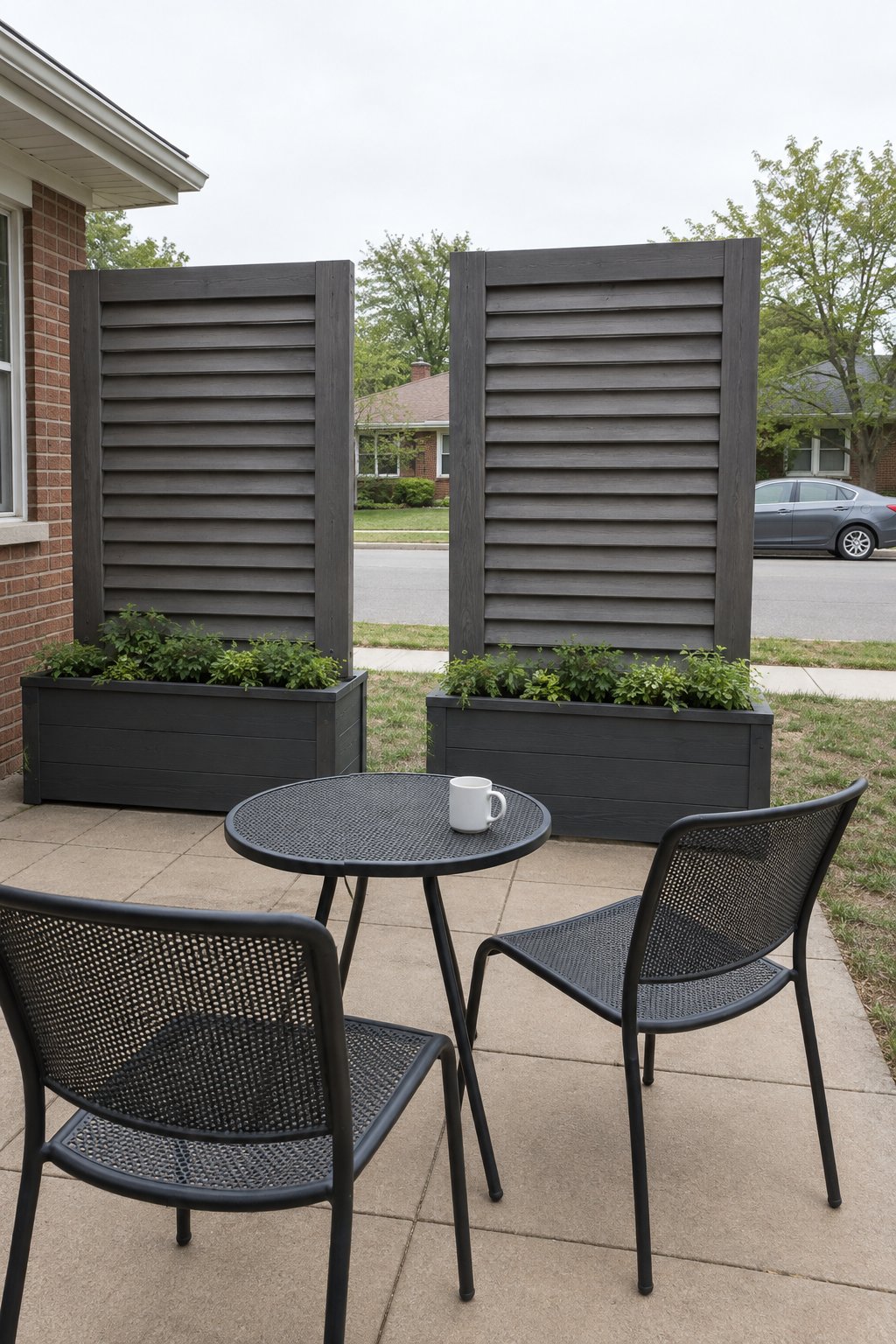 Patio privacy screen ideas, two framed louvered wood panels fixed to heavy planter boxes at the edge of a patio, screening two chairs from the street and sidewalk