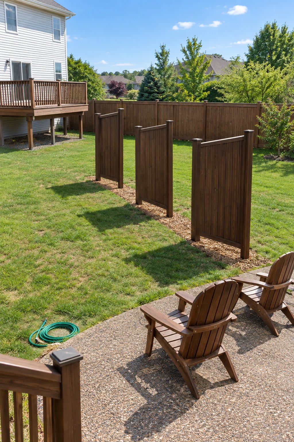 Outdoor privacy screen ideas, three narrow staggered wooden board panels on posts set across a lawn edge, blocking the diagonal view from a neighbor's raised deck to a patio