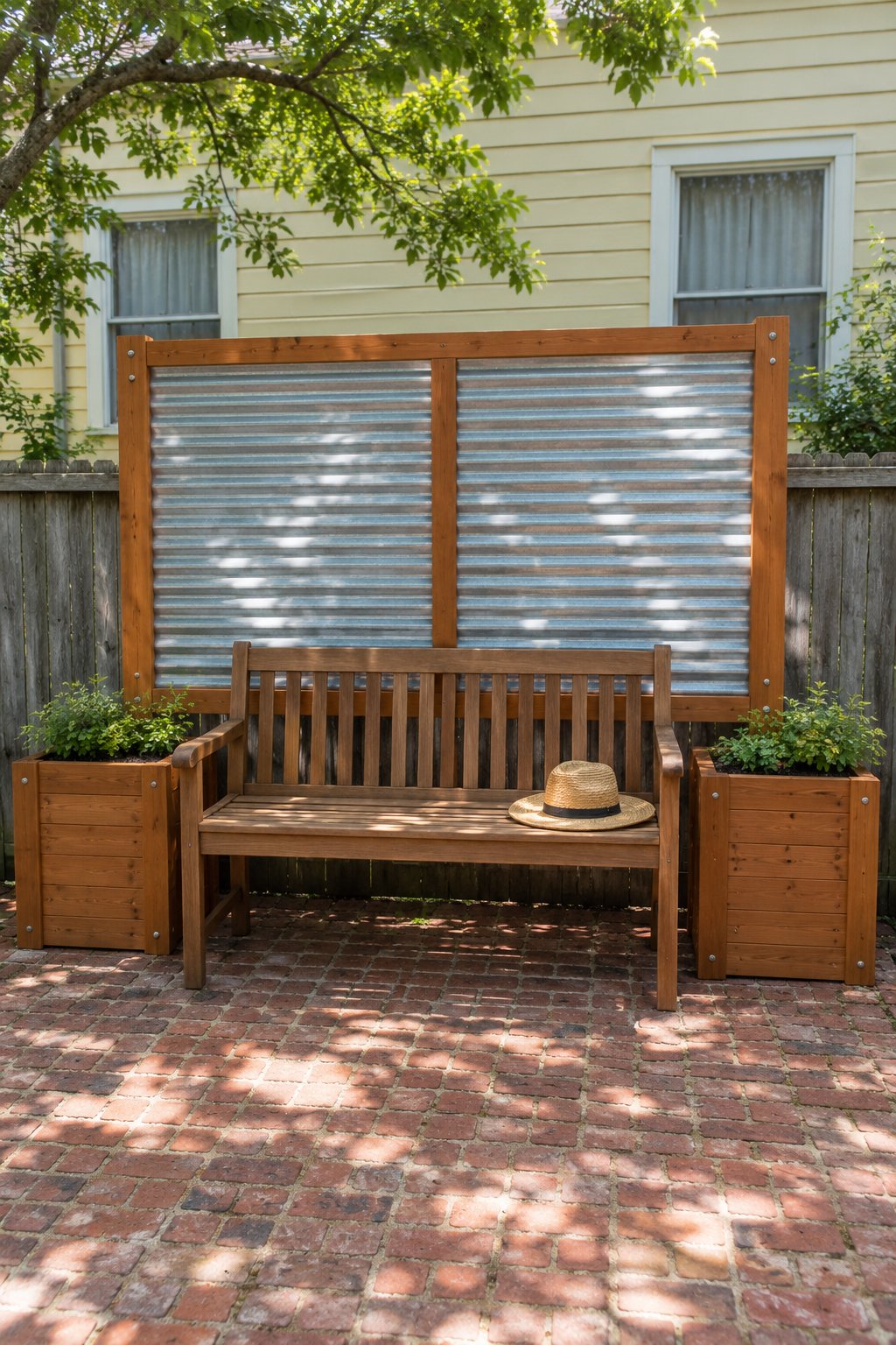 Backyard privacy ideas, a cedar-framed corrugated metal panel bolted to two deep planter boxes behind a wooden bench, with a low shared fence and the neighbor's house beyond