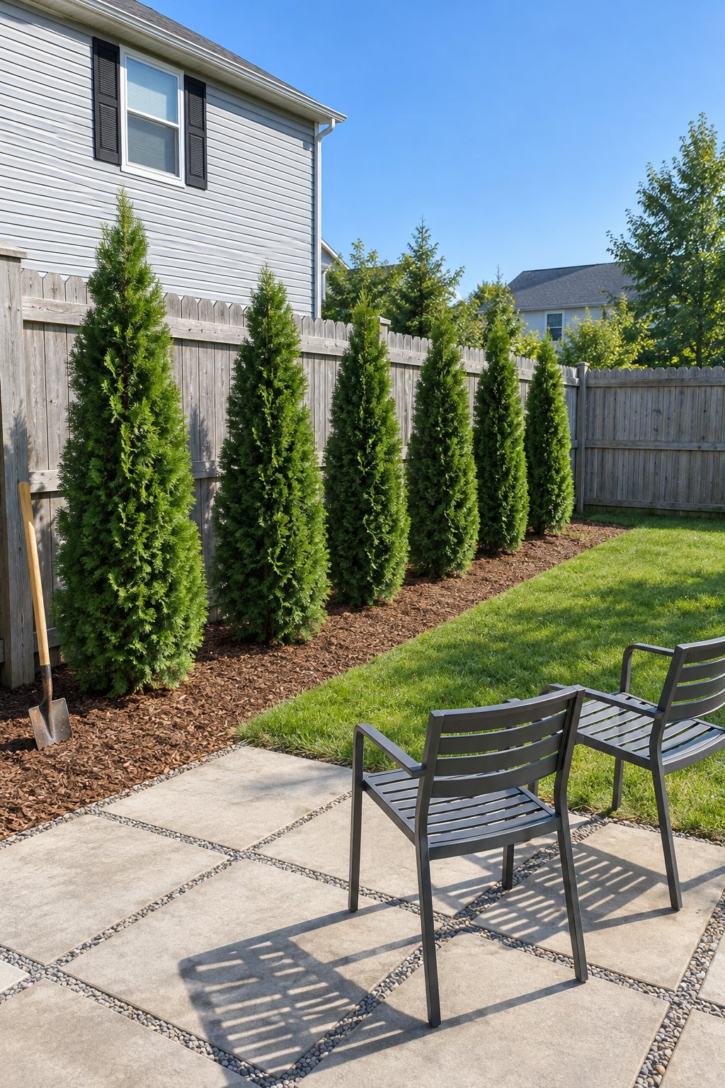 Privacy plants for patio and yard, a row of upright arborvitae in a mulched bed along a shared wooden fence, with the neighbor's roofline behind and patio chairs in front
