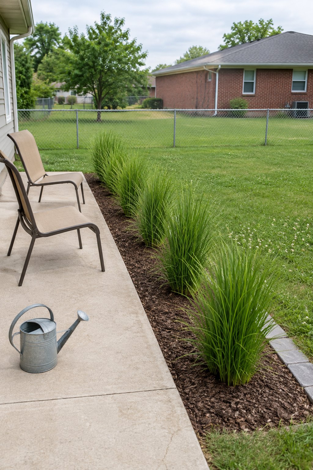 Patio privacy ideas with plants, a strip of upright green switchgrass along the open edge of a concrete patio with a paver mowing edge, the neighbor's yard and fence behind
