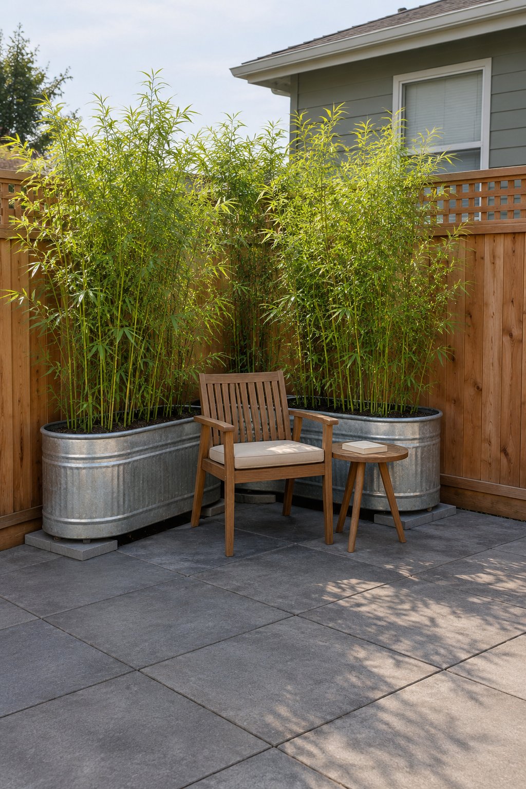 Privacy plants for patio containers, clumping bamboo growing in two galvanized stock tanks raised on pavers at a patio corner, hiding the neighbor's house beyond a fence