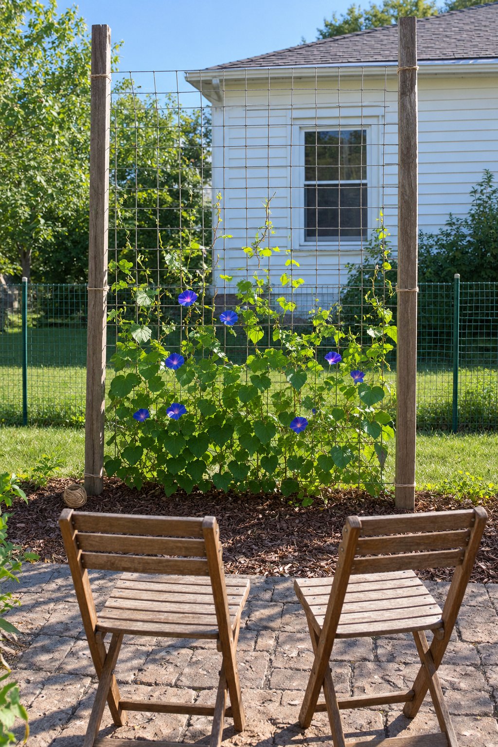 Cheap patio privacy ideas, morning glory vines climbing a rigid wire grid panel on two wooden stakes in a narrow bed between patio chairs and the neighbor's kitchen window