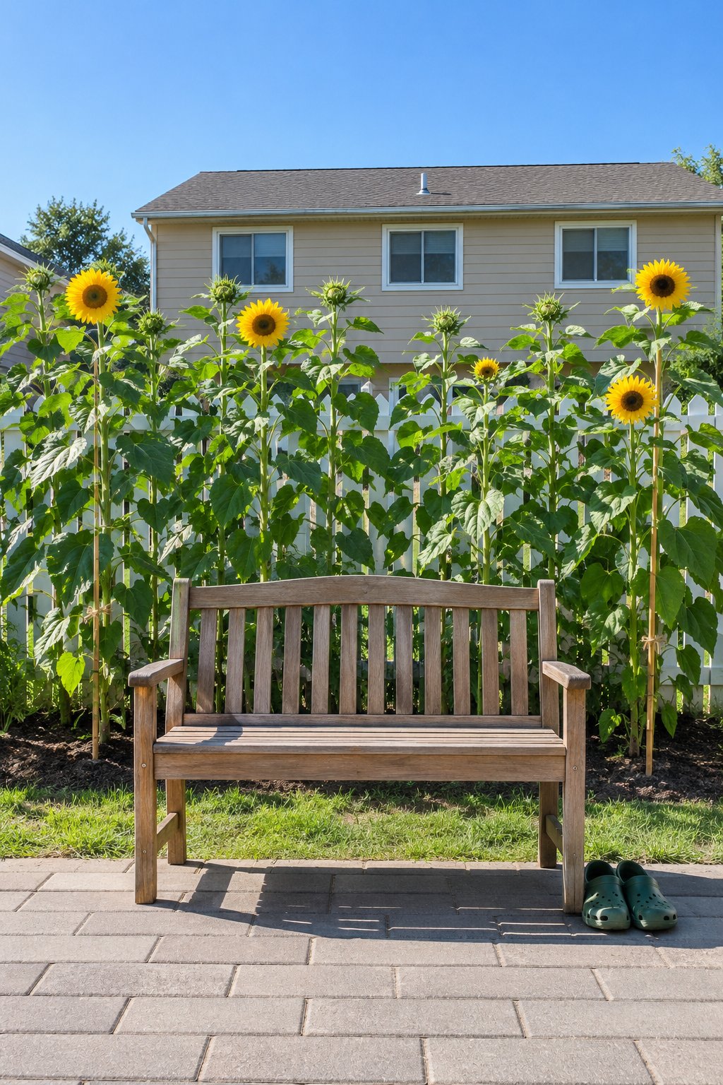 Backyard privacy ideas for summer, two staggered rows of tall sunflowers along a back fence with a wooden bench in front and the neighbor's house roof behind