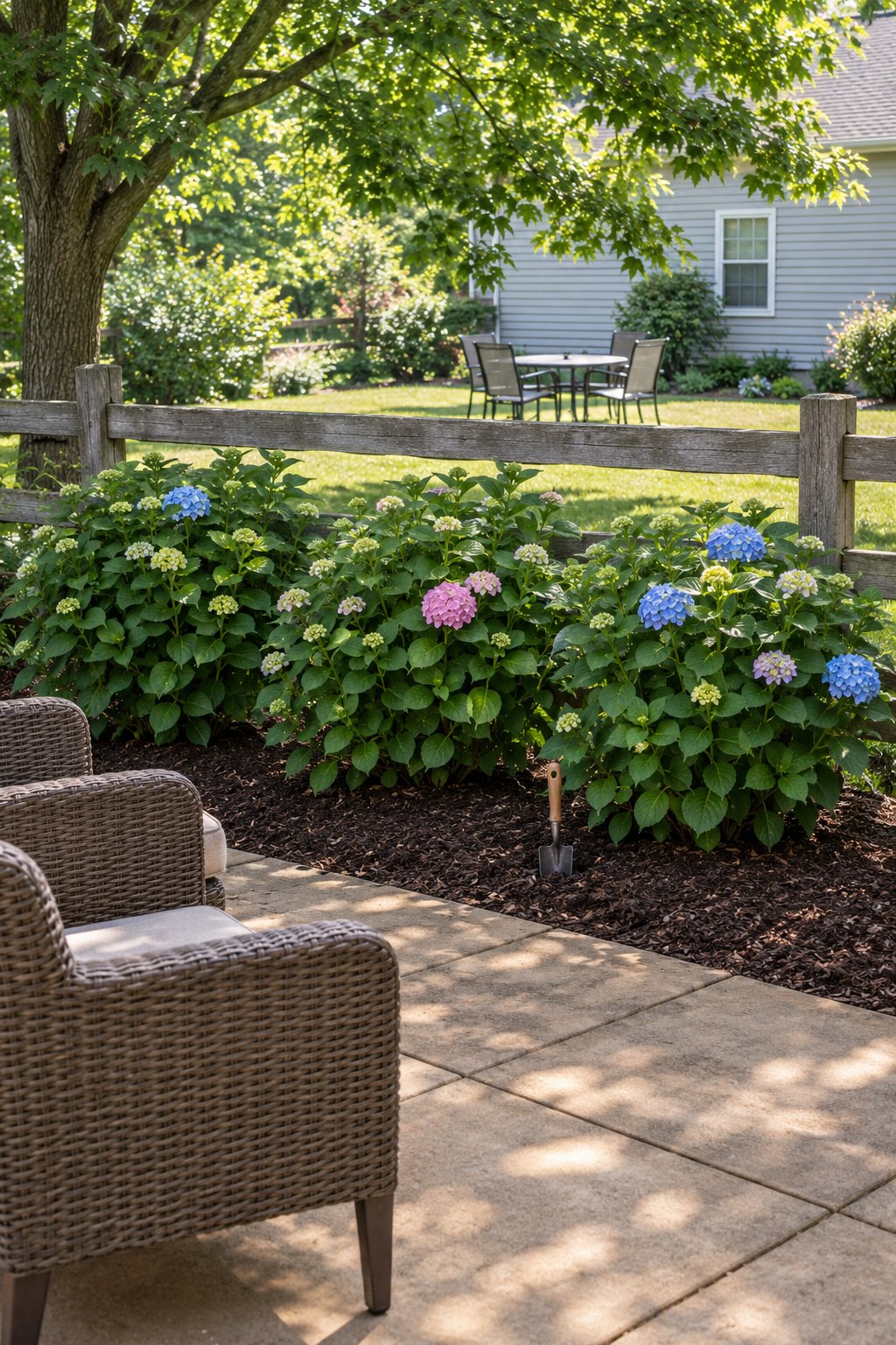 Privacy plants for a part shade patio, three bigleaf hydrangeas in a mulched bed along an open-rail fence, filling the low view toward the neighbor's yard beside patio chairs