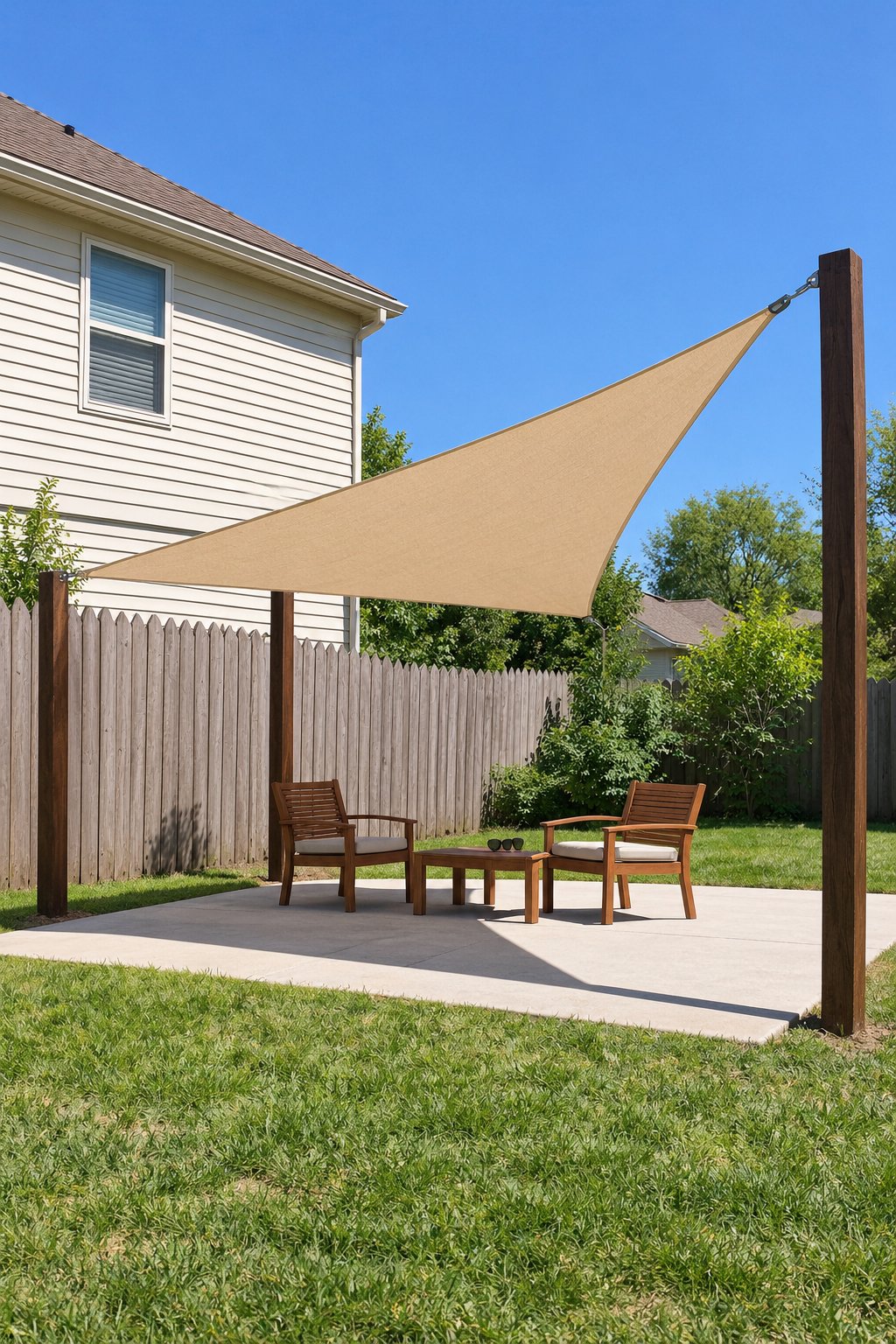 Patio privacy from neighbors, a tilted triangular shade sail on three posts over two patio chairs, blocking the view from the second-story window of the house next door