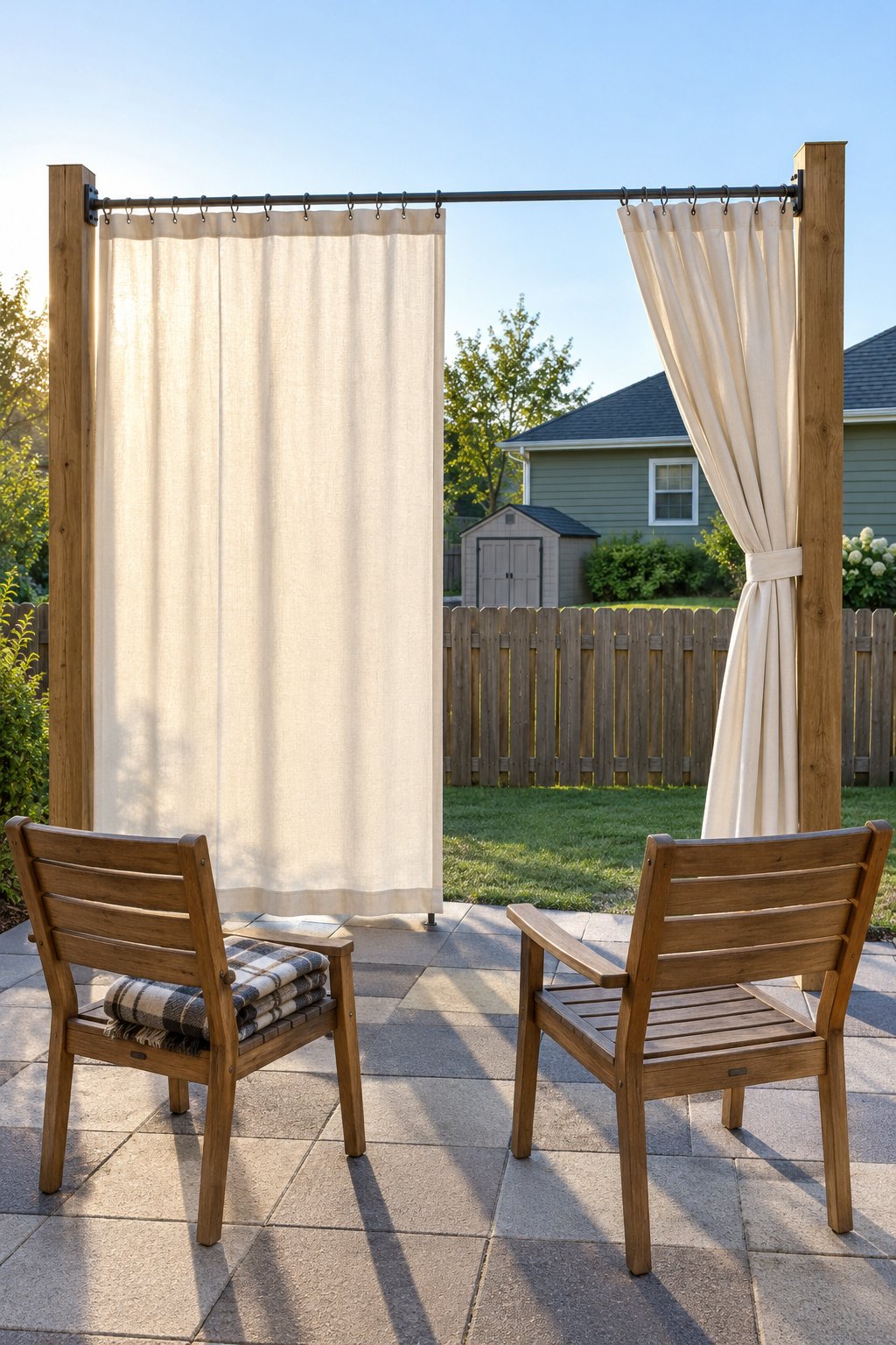 Outdoor privacy screen ideas, two outdoor curtain panels on a metal rail between two wooden posts along the open side of a patio, half drawn against the neighbor's yard