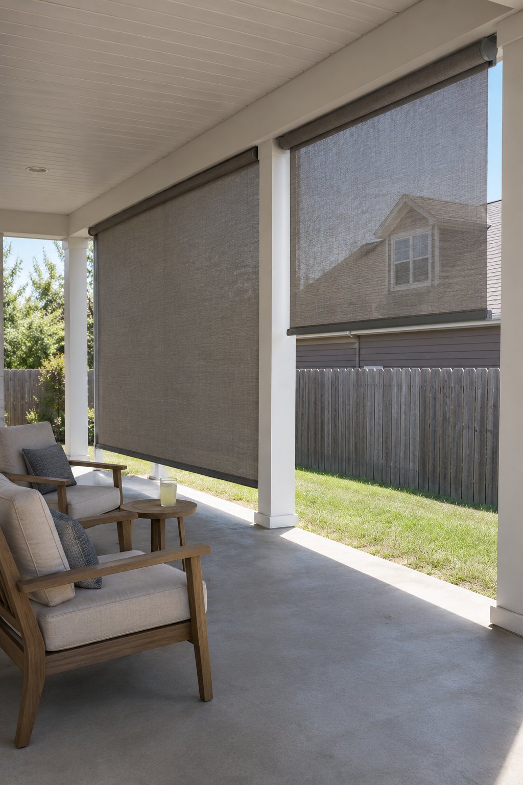 Patio privacy screen for a covered patio, two outdoor roller shades lowered from the beam of an existing porch roof, hiding patio chairs from the neighbor's house and fence
