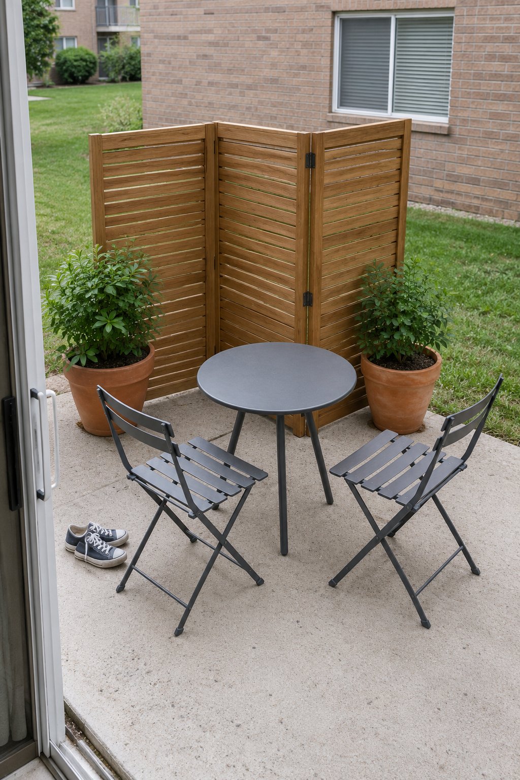 Apartment patio privacy ideas, a folding three-panel wooden screen standing in a zigzag behind two chairs with a heavy pot at each end, the neighbor's window behind it