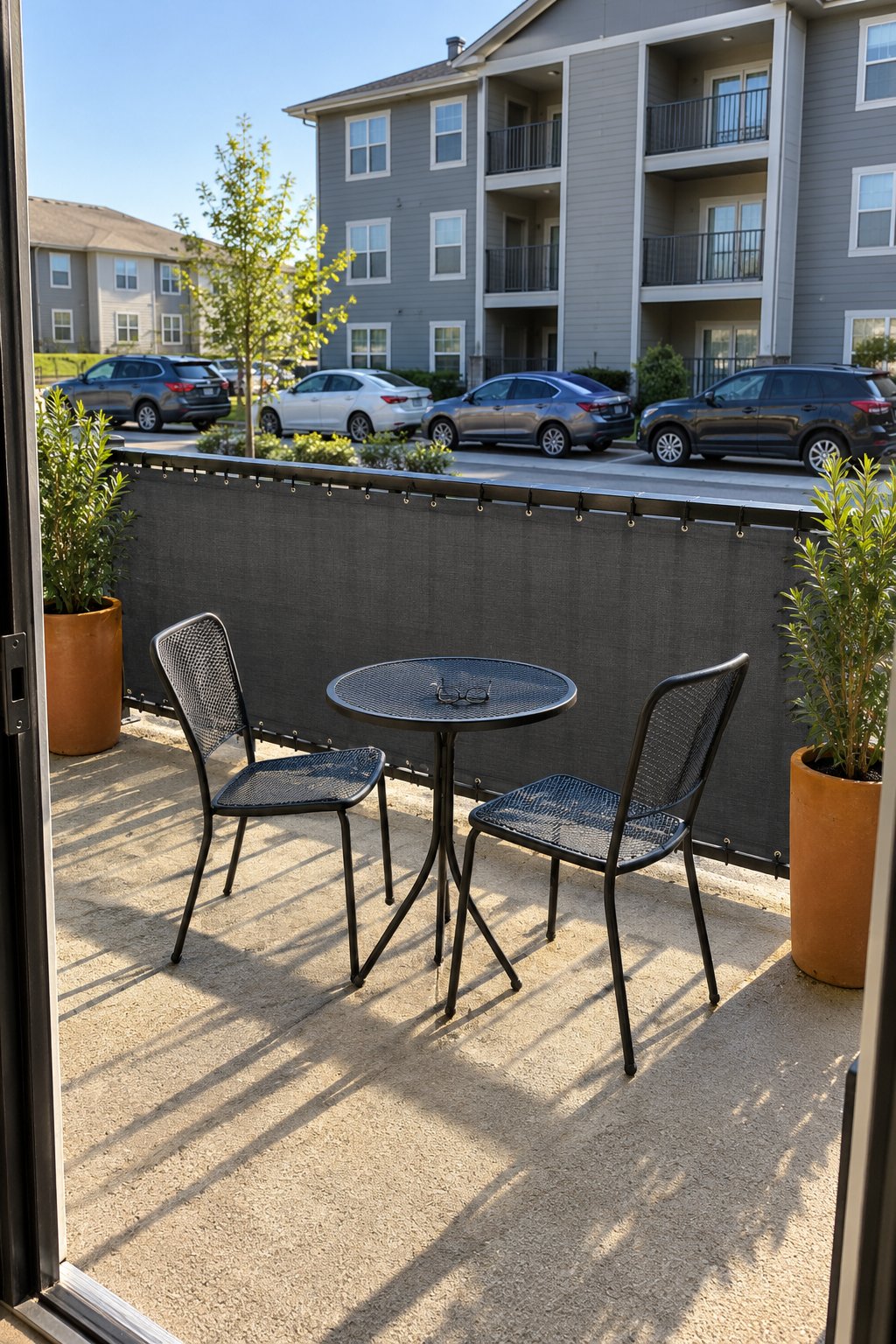 Apartment patio privacy ideas, an outdoor fabric privacy panel laced to the inside of a metal railing with a tall pot at each end and a bistro set, the parking lot and next building beyond