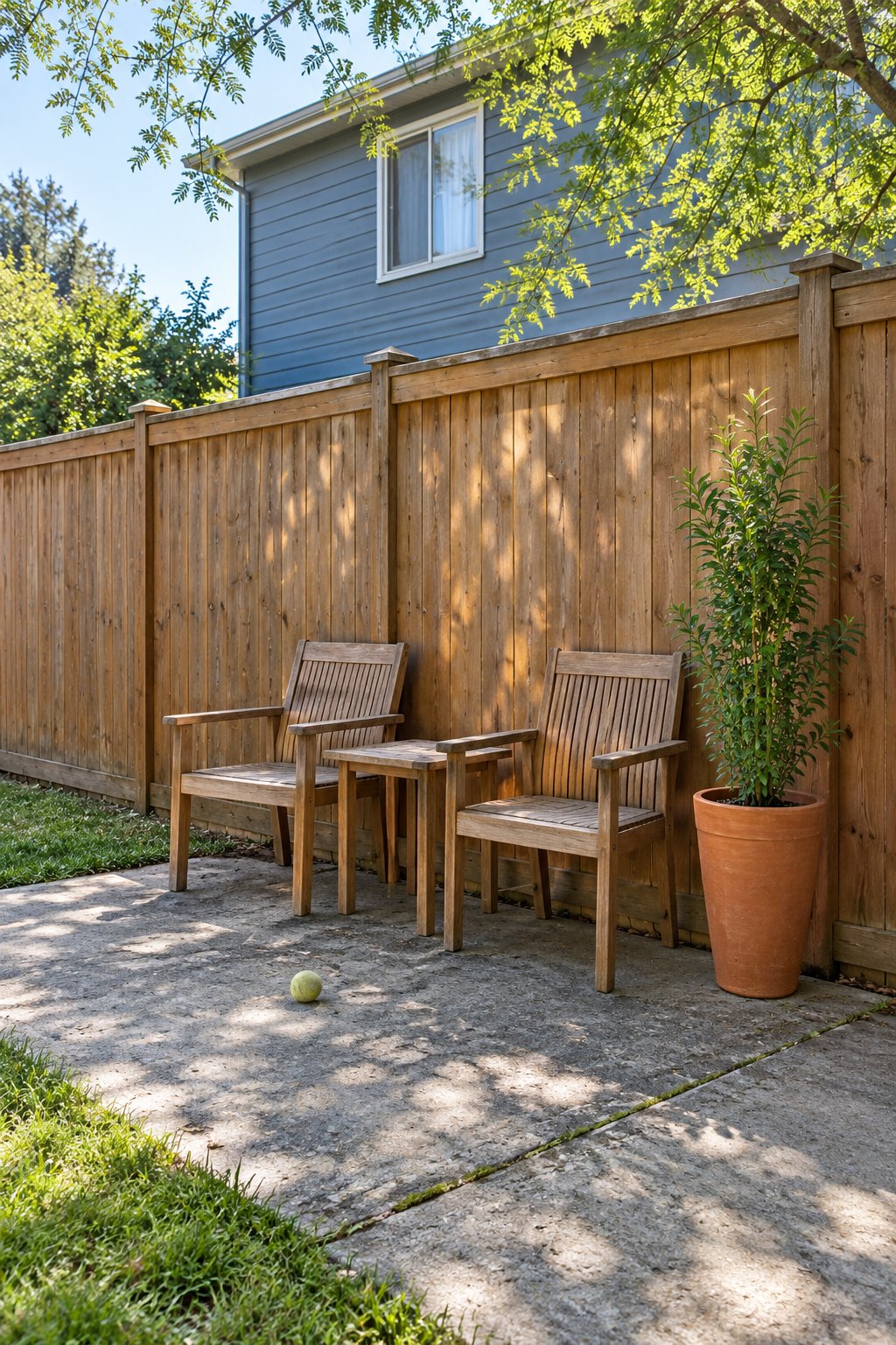 Cheap patio privacy ideas, two patio chairs and a small table pulled close to a wooden fence with their backs to the boards and one tall pot beside them, the neighbor's house above the fence