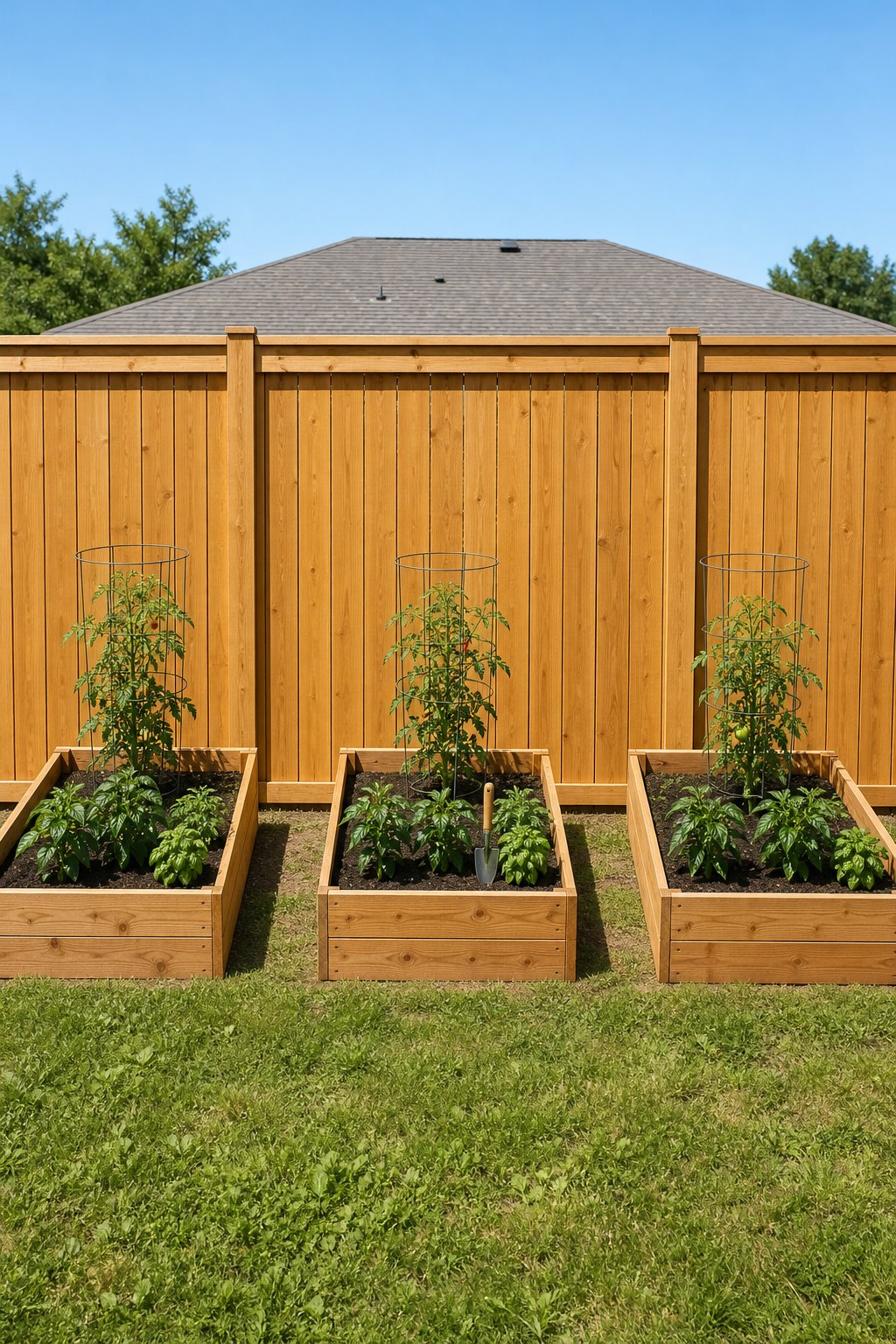 Raised garden beds along fence, three cedar boxes with stepping gaps on a sunny south-facing wooden fence, caged tomatoes behind peppers and basil