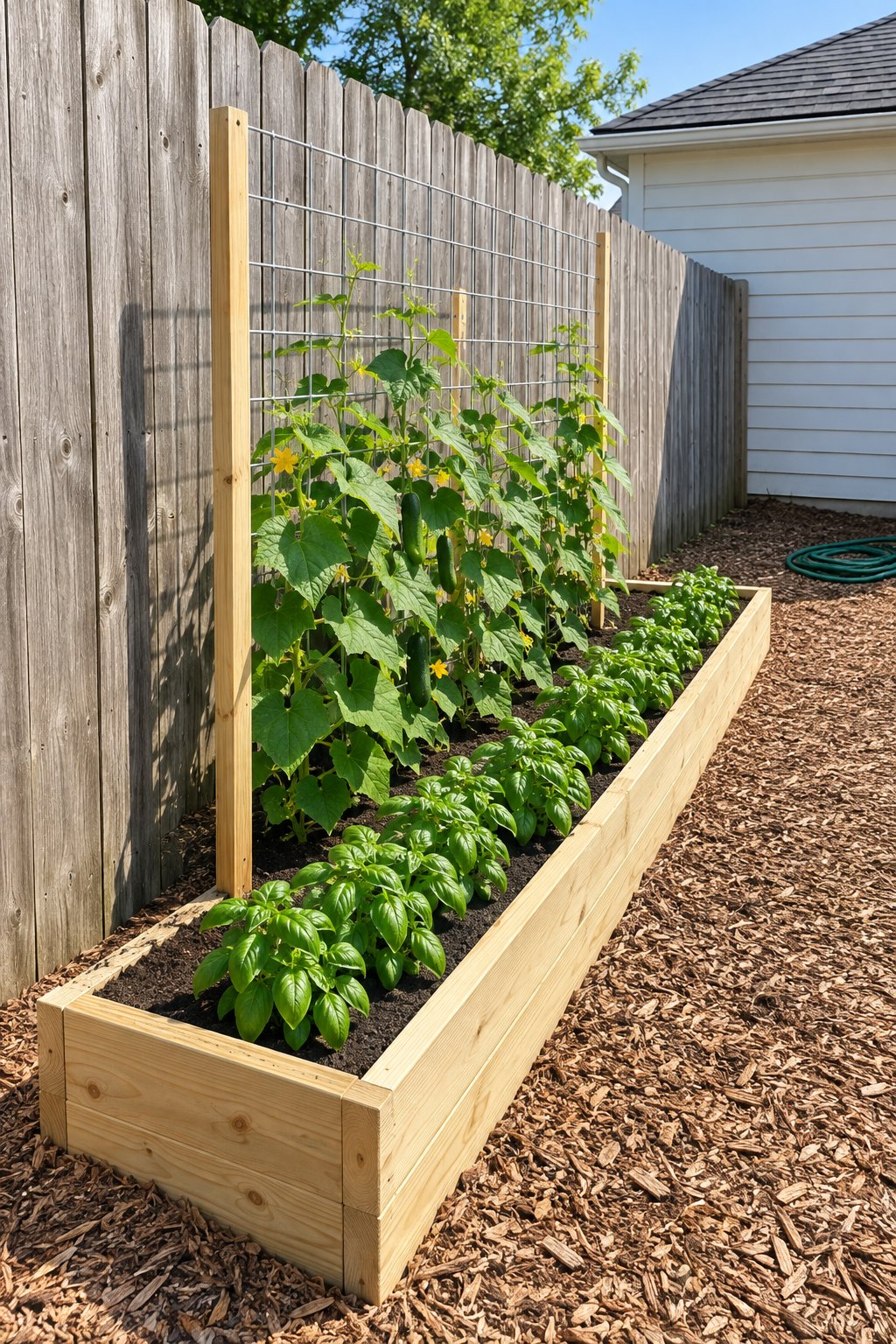 Raised bed against fence, one long pine bed on a west-facing fence with a freestanding wire panel trellis on two stakes, cucumbers climbing and basil in front