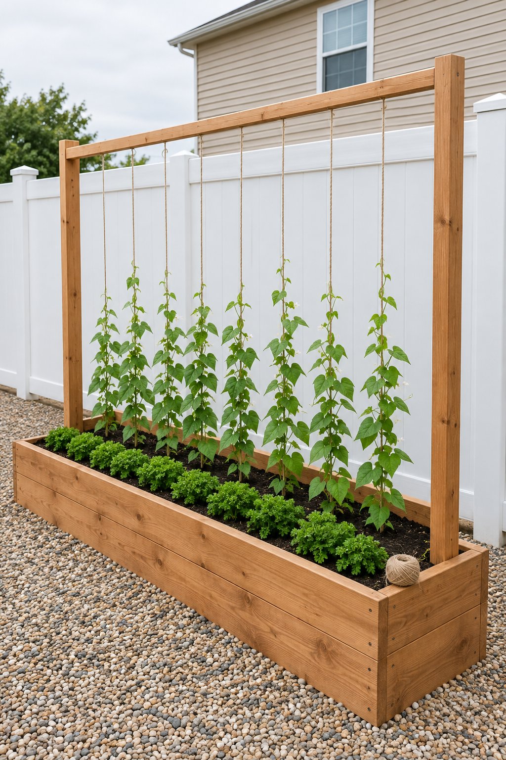 Narrow raised garden bed along a fence with its own two posts and top rail, strings running down to the soil for pole beans, parsley along the front edge