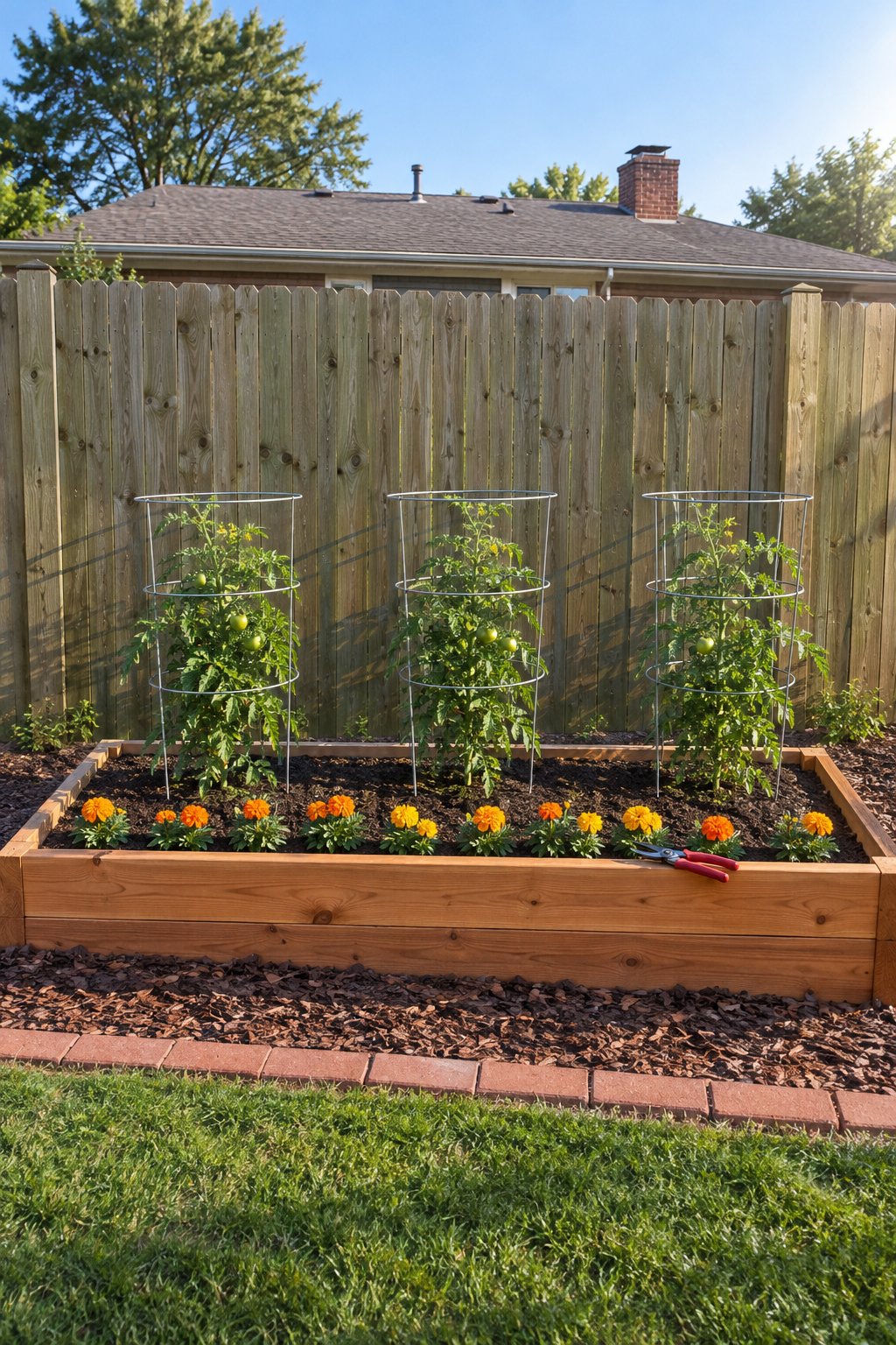 Garden beds along fence, one cedar raised bed beside a shared wooden fence with three caged tomato plants and a front row of marigolds, nothing fixed to the fence