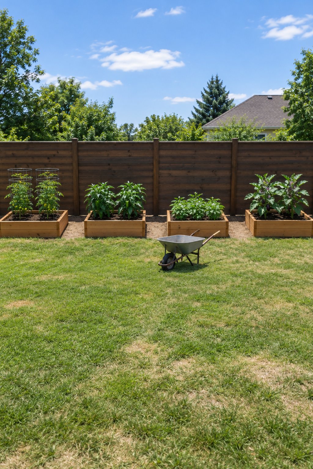 Fence line garden, four short cedar raised beds spaced along a long sunny back fence with walk-through gaps, one crop in each bed