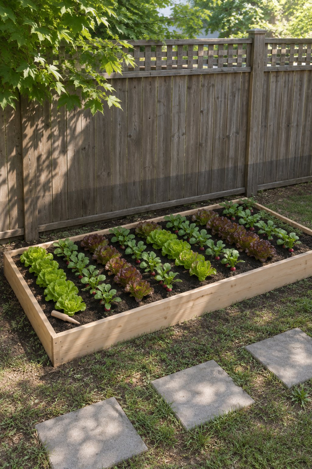 Raised bed against fence in part shade, one low pine bed a single board high with short rows of lettuce and radishes beside a wooden fence