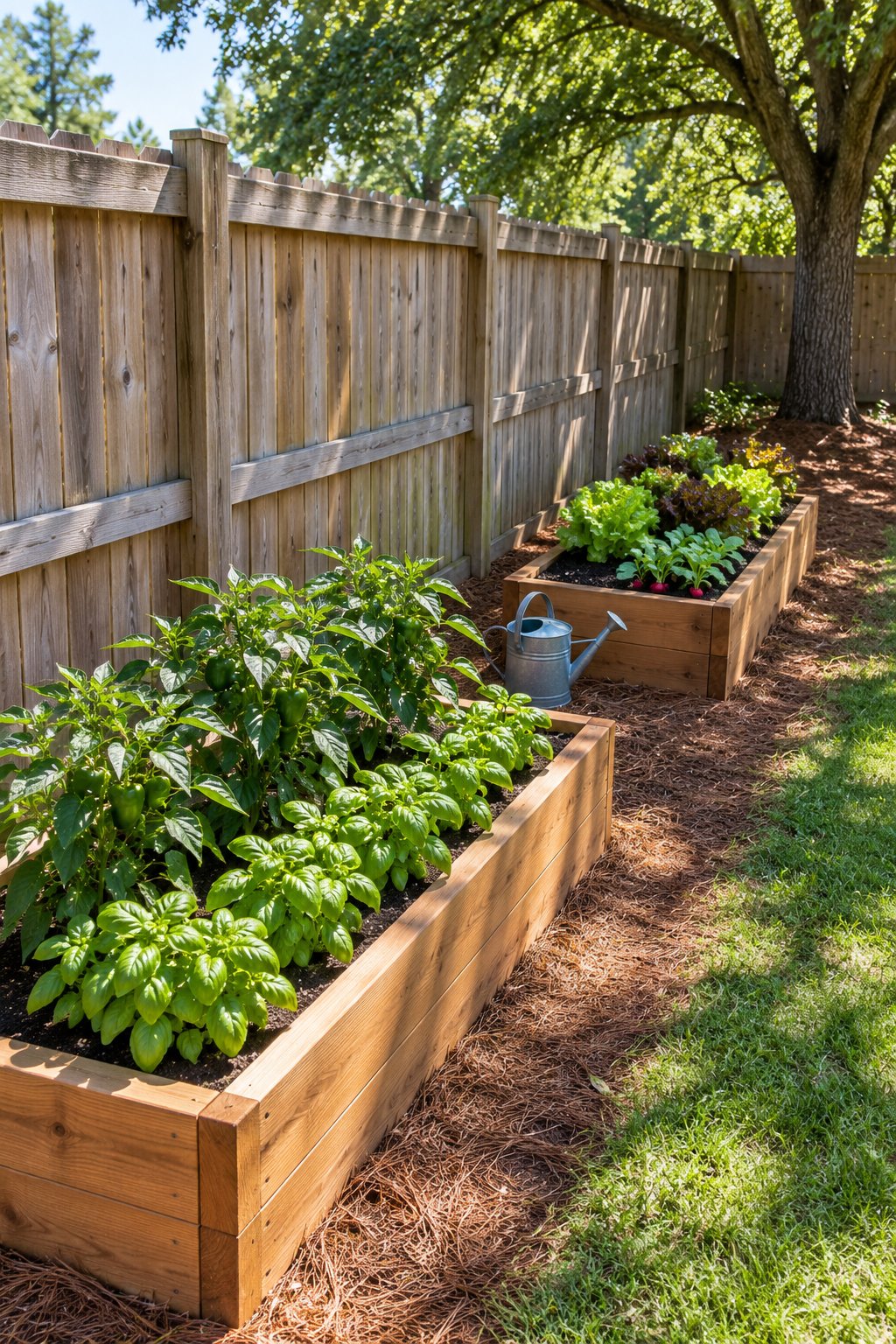 Garden beds along fence with mixed light, two cedar raised beds end to end, peppers and basil in the sunny bed and lettuce and radishes in the tree-shaded bed