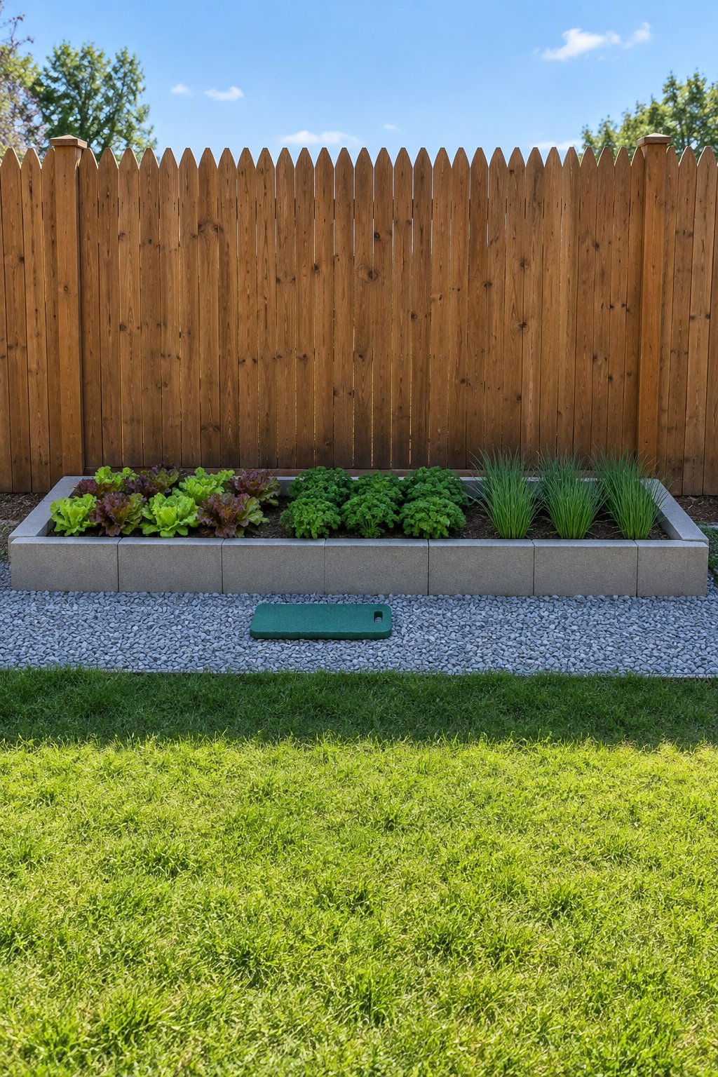 Narrow raised garden bed of concrete block along a tall fence in afternoon shade, planted with lettuce, parsley and chives