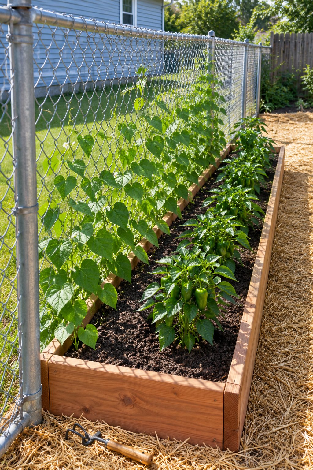 Raised garden beds along a chain-link fence, one wooden bed set a hand's width off the mesh with pole beans climbing the wire and peppers in the front row