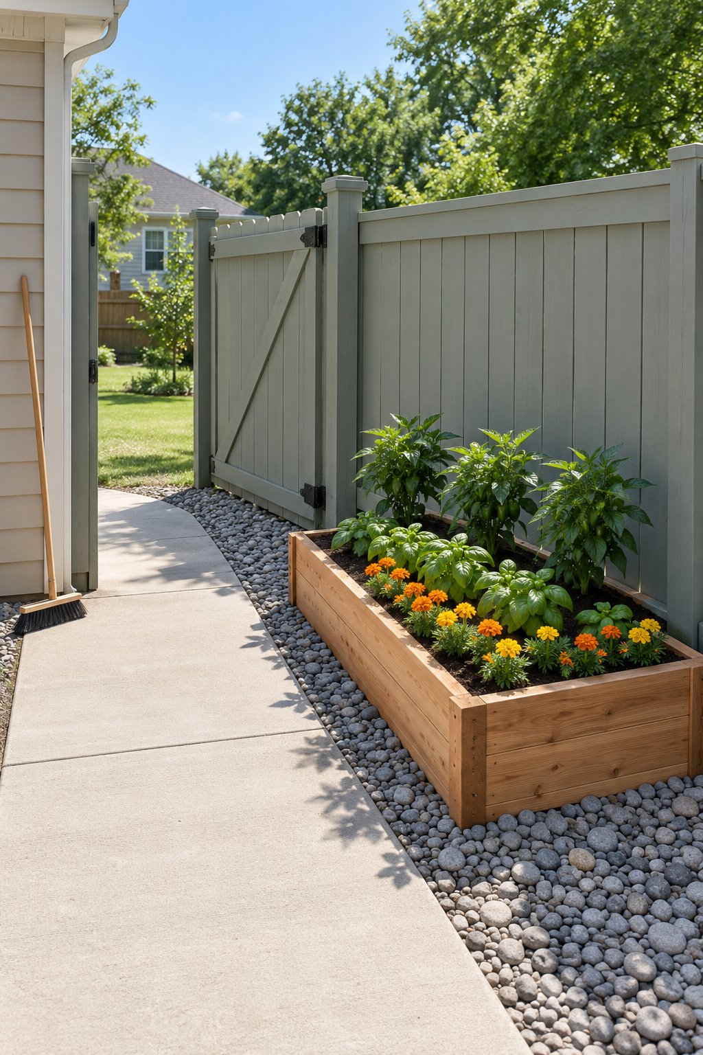 Side yard raised beds by a gate, one short cedar raised bed along a fence set clear of the open gate's swing, planted with peppers, basil and marigolds