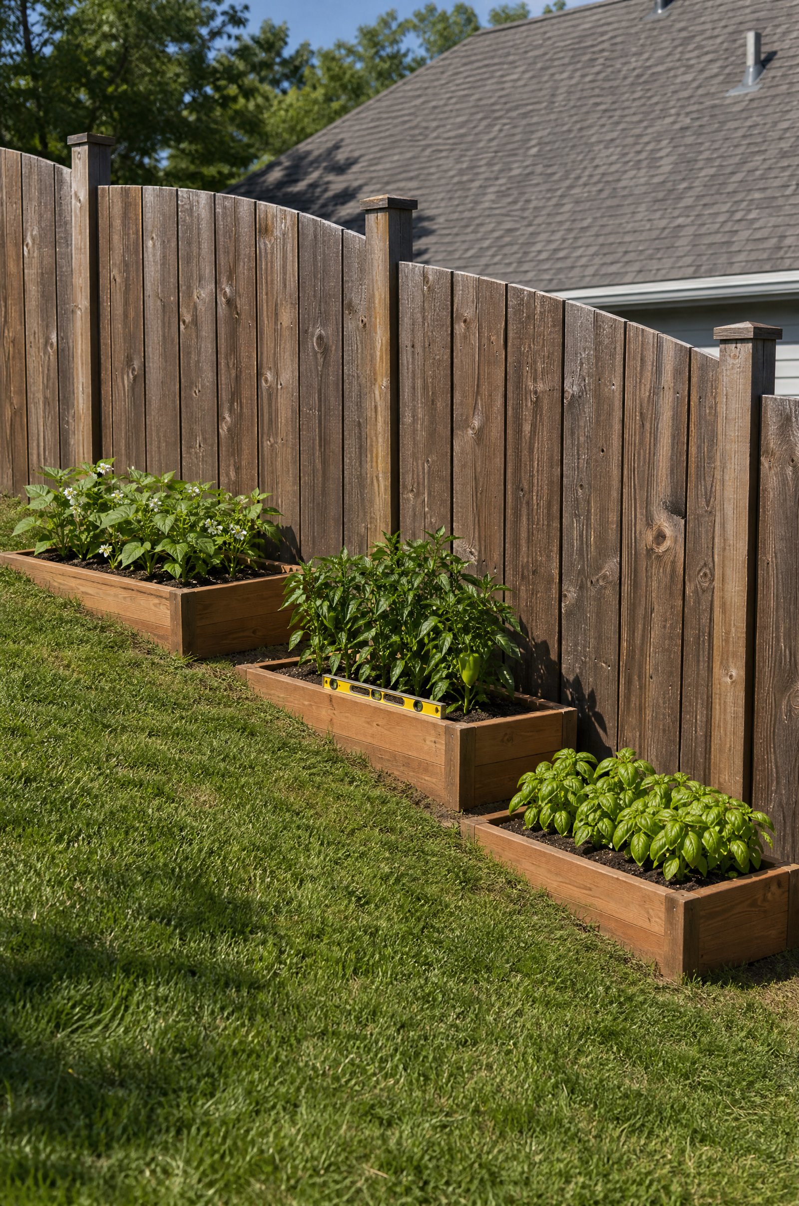 Raised garden beds along a sloping fence line, three short cedar boxes each level and stepping downhill, planted with bush beans, peppers and basil