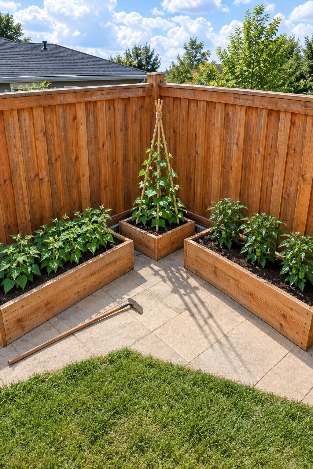 Raised garden beds along fence corner, two cedar beds along two fences with a small square box and a four-cane bean teepee in the angle