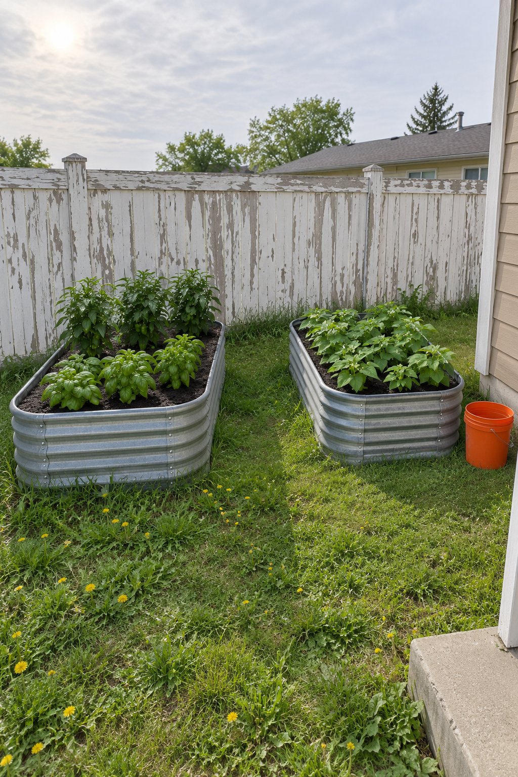 Raised garden beds along fence for renters, two bolt-together galvanized metal beds standing on the lawn a hand's width off a wooden fence, planted with peppers, bush beans and basil