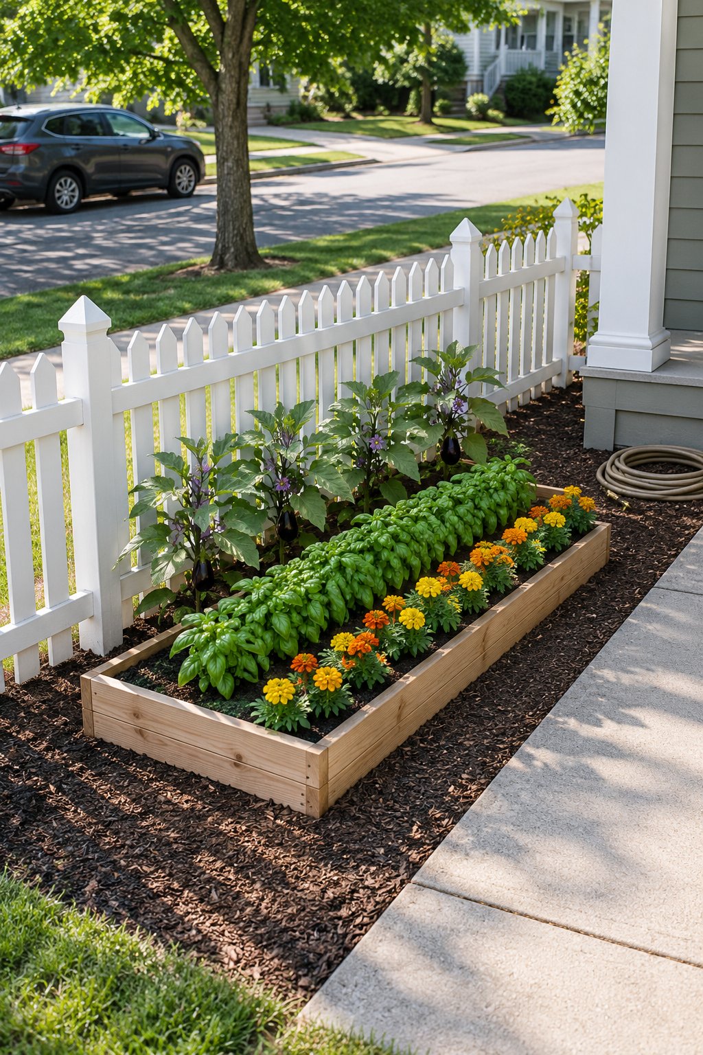 Fence line garden in a front yard, one low cedar raised bed inside a white picket fence beside the front walk with rows of eggplant, basil and marigolds