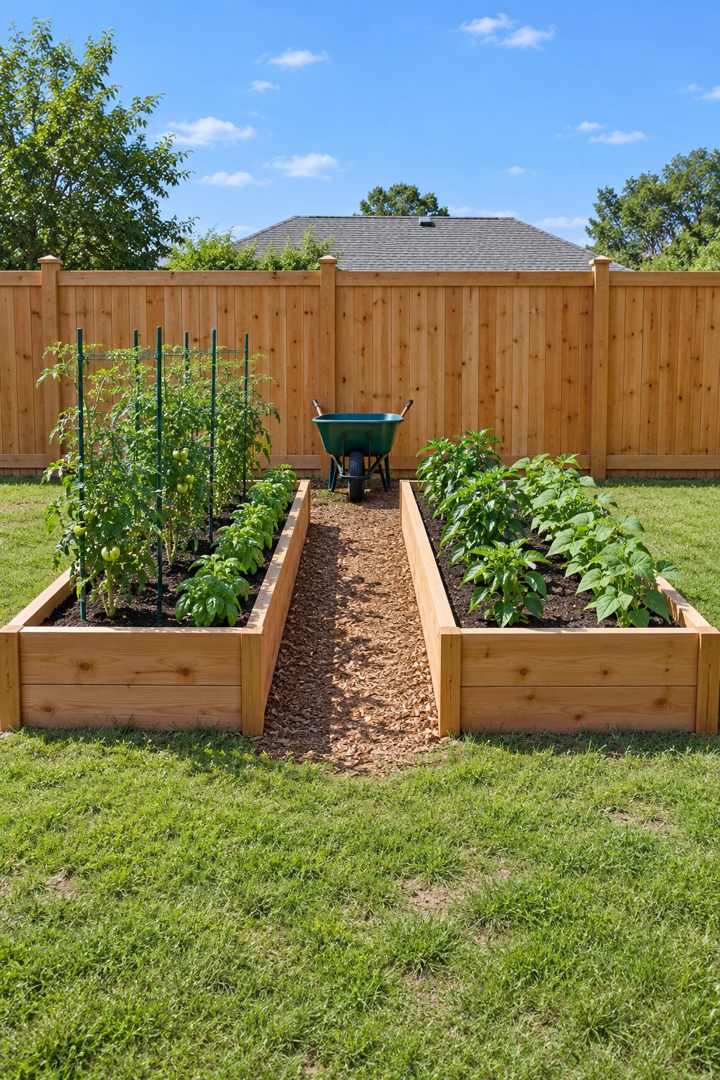 Raised garden beds layout for a small backyard with two 4x8 cedar beds, a wide wood-chip path between them and tomatoes, basil, peppers and bush beans in front of a wooden privacy fence
