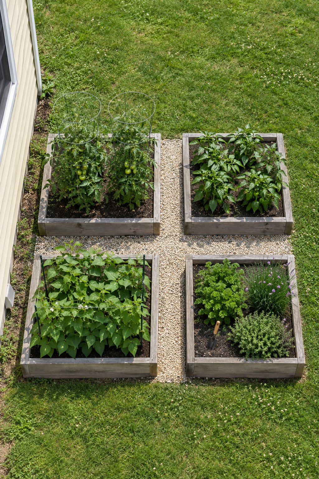 Small raised garden beds layout with four square wooden beds in a grid, a cross-shaped pea gravel path and tomatoes, peppers, bush beans and herbs beside a house with vinyl siding