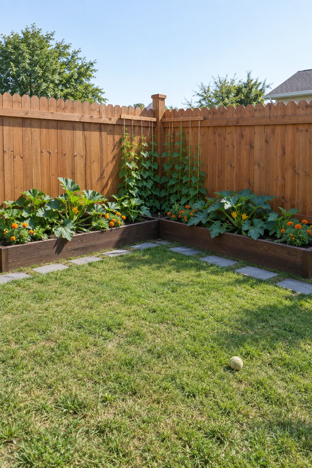 L-shaped raised garden beds along a fence corner in a small backyard, with pole beans on a string trellis, zucchini, marigolds and flagstone stepping stones beside an open lawn