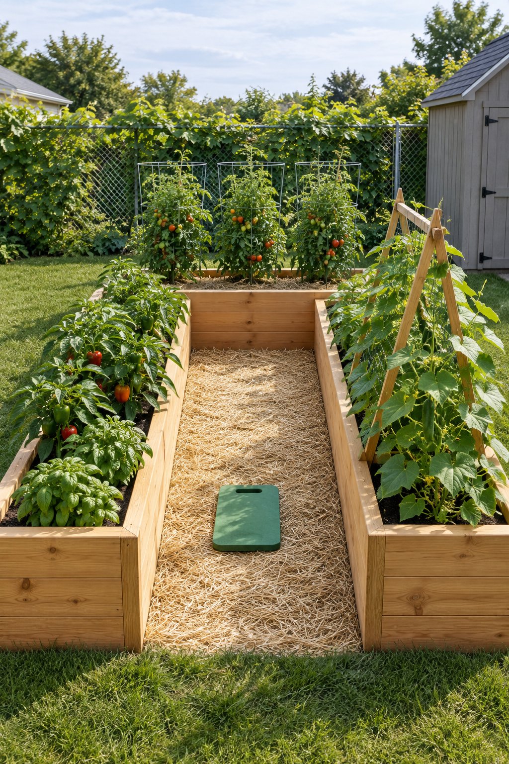 U-shaped raised garden bed layout in a small backyard, pine boards and straw mulch, with tomatoes at the closed end, peppers, basil and cucumbers on a low frame, a chain-link fence and shed behind