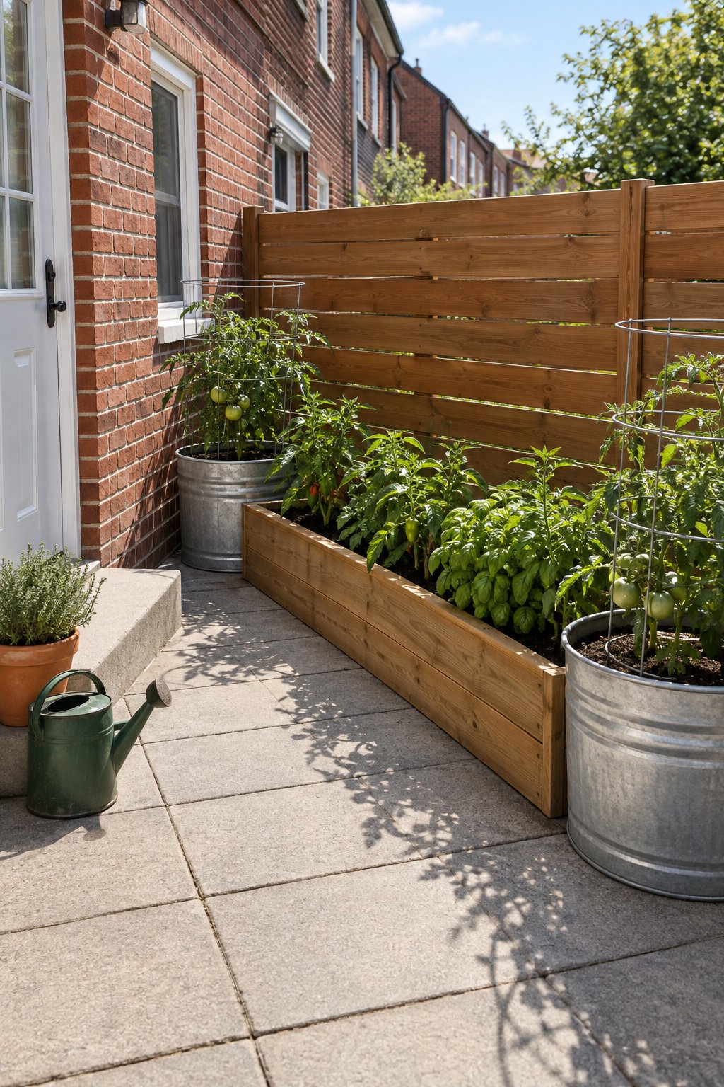 Raised garden beds ideas layout for a townhouse patio, one slim wooden bed of peppers and basil with two round galvanized tubs of caged tomatoes on concrete pavers by a brick wall